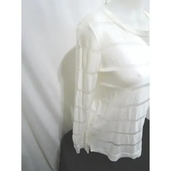 Vince Camuto Ivory Sheer Striped Long Sleeve Round Neck Light Sweater Petite S - Picture 4 of 8